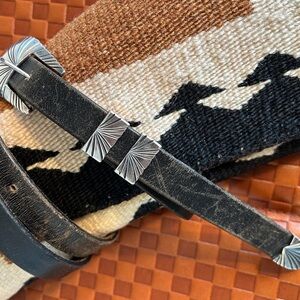 Vintage Sterling Silver Randy Shorty Buckle Set Chacon Distressed Leather Belt